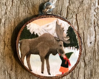 Kissing’ a Moose! Wooden Christmas Ornament