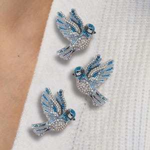 Può includere: Tre spille a forma di uccello, con dettagli blu e argento, sono appuntate su un maglione bianco. Le spille presentano ali aperte e sono impreziosite da piccole pietre scintillanti. Gli uccelli sono disposti in diagonale.