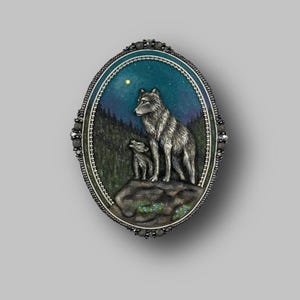 Wolf Brooch Handcrafted Night Forest Scene Spiritual Animal Jewelry Woodland Gift for Nature Lovers Forest Inspired Pin Handcrafted Animal