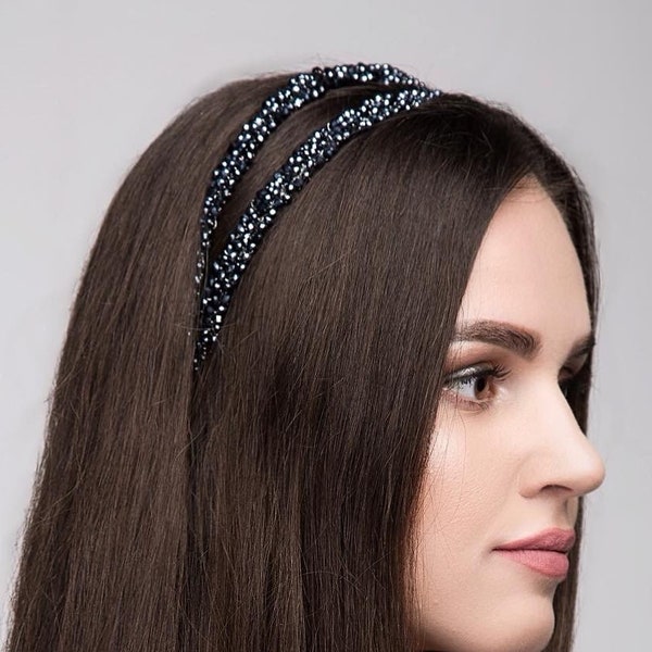 Noir Double Bandeau Coiffe Noir Robe de mariée Noir Couronne de mariée Cristal Bandeau Bridal Headpiece Gothique Headpiece Prom Bijoux