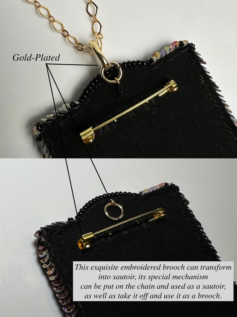 May include: A gold-plated brooch with a beaded design and a pin on the back. The brooch can be converted into a sautoir necklace by attaching it to a chain.