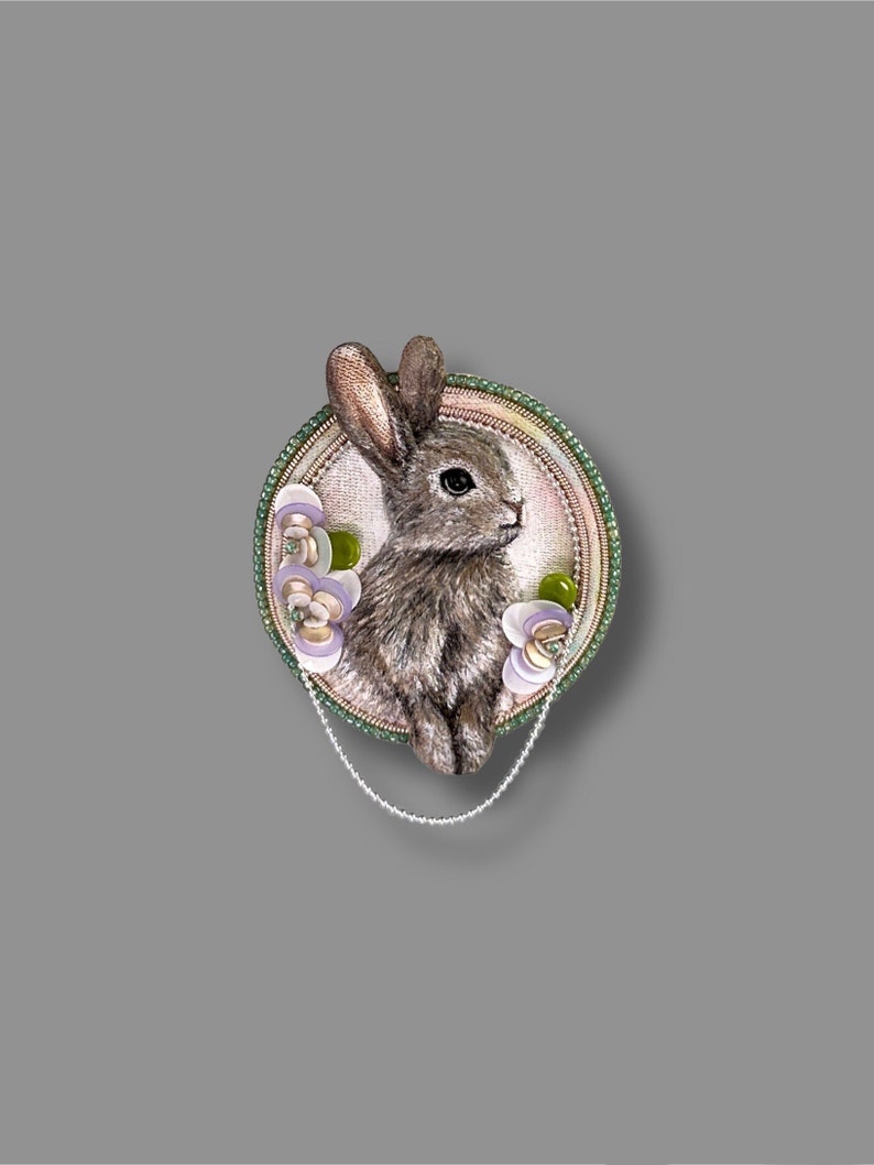 Easter Bunny Brooch Beaded Brooch Bunny Jewelry Embroidered Rabbit Jewelry Beaded Pin Bunny gifts Custom Embroidery Botanical Jewelry image 2