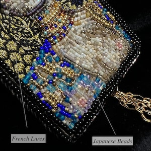May include: Close-up of a beaded purse with a gold chain. The purse is made with a variety of beads, including Japanese beads and French Lurex.