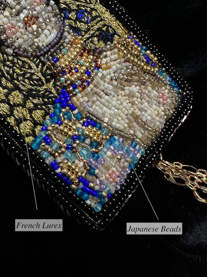 May include: Close-up of a beaded purse with a gold chain. The purse is made with a variety of beads, including Japanese beads and French Lurex.