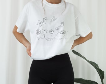 FlowerOne Line Drawing T-Shirt, Butterfly and Bee Cotton Tee, Gift for Garden Lover