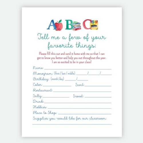 EDITABLE Printable Teacher Questionnaire Getting to Know You - Etsy