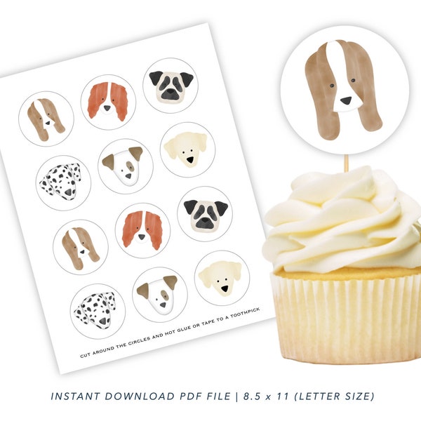 Printable Puppy Cupcake Toppers, Dog Birthday Party Decor, Printable Puppy Party Supplies, Dog Party Decor, Puppy Dog Cupcake Toppers