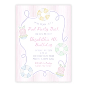 Invitation fête de la piscine rose à imprimer | Fête d'anniversaire de natation pour filles | Modèle Corjl modifiable | Bouée flottante et maillot de bain | Téléchargement instantané