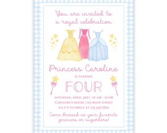 Prinzessin Geburtstagseinladung | Mädchen königliche Feier einladen | Bearbeitbare Corjl-Vorlage | Blaue Vichy-Karo-Prinzessin Party | 114
