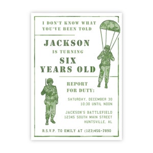 Invitation d'anniversaire de l'armée à imprimer | Soirée camouflage militaire | Modèle Corjl modifiable | Se présenter au travail | Téléchargement instantané