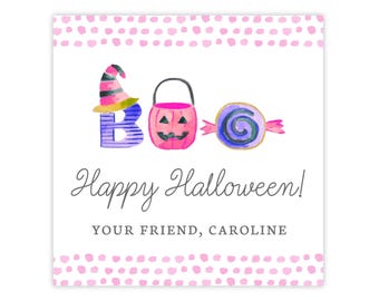 PRINTABLE Halloween Favor Tags, Pink Purple BOO Gift Tags, Pumpkin Candy Classroom Treat Bag Labels, Editable Corjl Template | 501