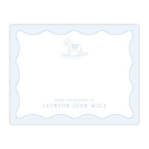 pour notes bébé cheval à bascule bleue IMPRIMABLE | Papeterie Corjl modifiable pour chambre d'enfant | Bordure festonnée | Note plate personnalisée