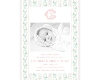 Anuncio de nacimiento de niña imprimible / Plantilla Corjl editable / Tarjeta fotográfica para recién nacida / Descarga digital / Diseño "Toile Floral Melocotón"