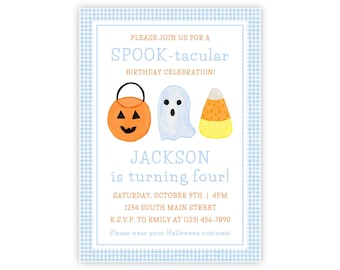May include: A rectangular birthday invitation with a light blue gingham border. It features illustrations of an orange jack-o'-lantern bucket, a white ghost, and a piece of candy corn. Text includes: PLEASE JOIN US FOR A SPOOK-tacular BIRTHDAY CELEBRATION! JACKSON is turning four! SATURDAY, OCTOBER 9TH | 4PM 1234 SOUTH MAIN STREET R.S.V.P. TO EMILY AT (123) 456-7890 Please wear your Halloween costume!