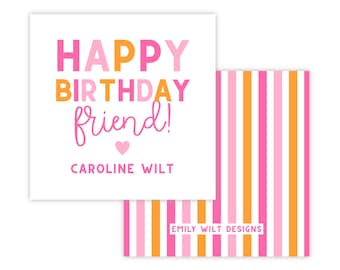 PRINTABLE Gift Tag Template | Self-Edit Corjl Tag | Pink and Orange Birthday Gift Tag for Girls | "Happy Birthday Friend" Design