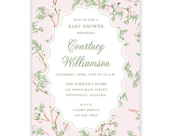 PRINTABLE Invitation Template | Pink Floral Girl Baby Shower or Pink Bridal Shower Invite | Editable Corjl Template | Chinoiserie | 120