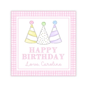 PRINTABLE Gift Tag Template | Self-Edit Corjl Tag | Pink Gingham Birthday Tag with Party Hats for Girls Gift or Favor