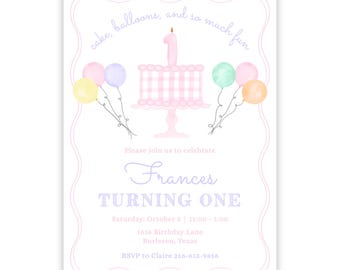 PRINTABLE Gingham Cake First Birthday Invitation | Pink Pastel Balloon Party Invite | Editable Corjl Template | Girl Birthday | 131