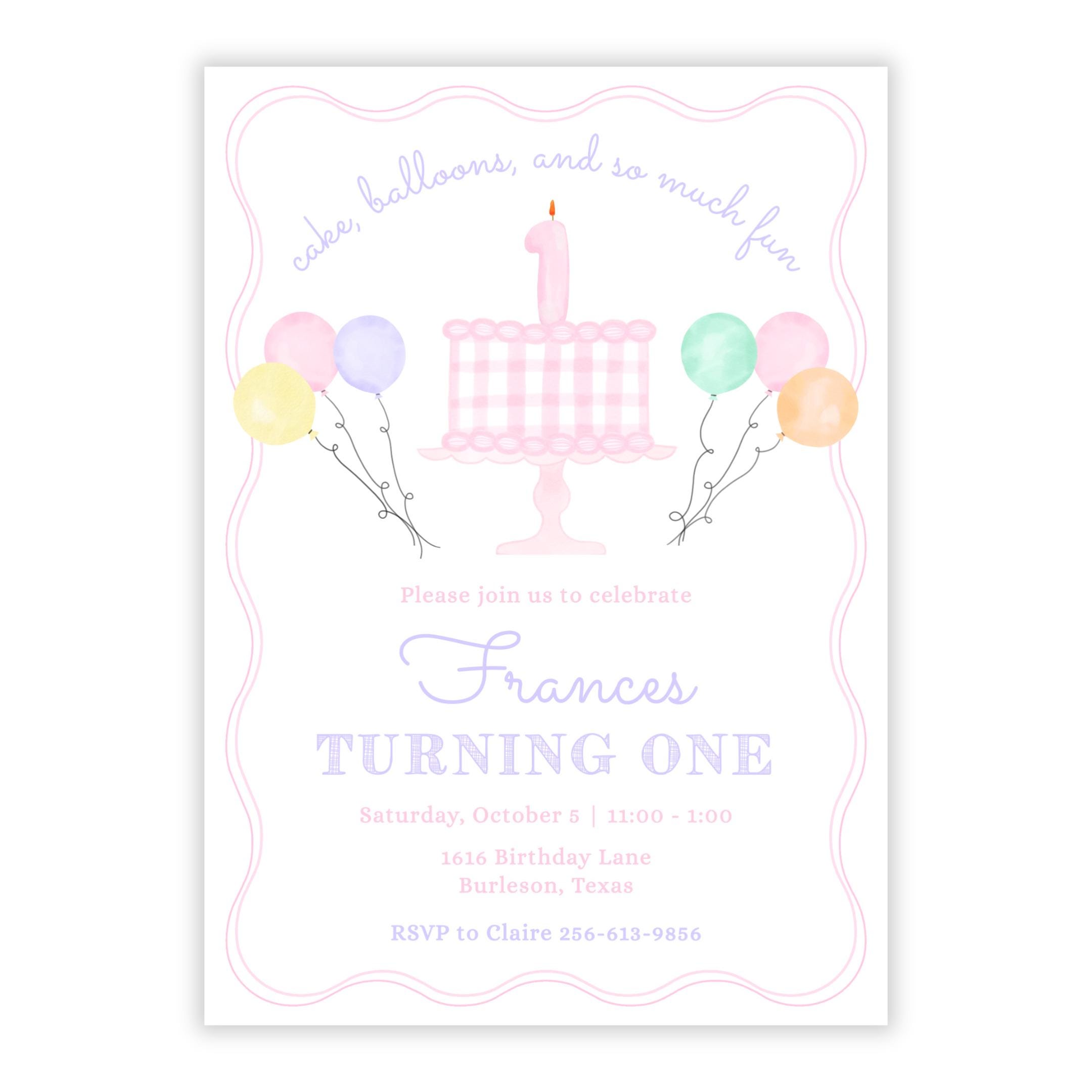 PRINTABLE Gingham Cake First Birthday Invitation | Pink Pastel