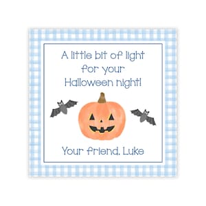PRINTABLE Halloween Favor Tags, Glow Stick Pumpkin Gift Tags, Blue Gingham Non Candy Classroom Treat Labels Corjl | 501
