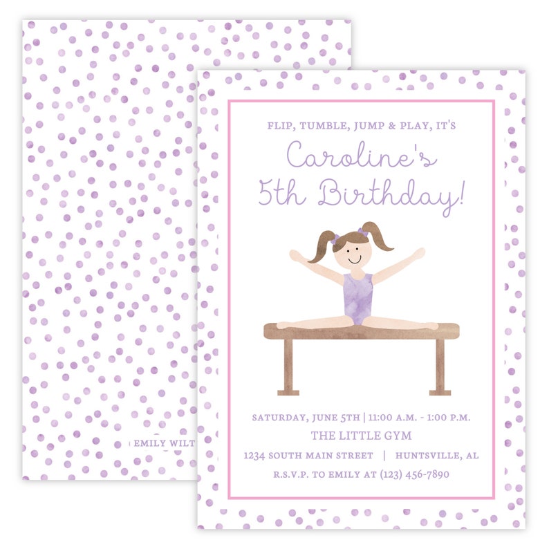 May include: Purple and white invitation with a cartoon illustration of a girl doing a split on a balance beam. The text reads "Flip, Tumble, Jump & Play, It's Caroline's 5th Birthday!" and includes the date, time, location, and RSVP information.