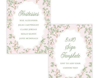 PRINTABLE 8x10 Pink Chinoiserie Shower Sign Template | Baby or Bridal Shower Decor | Spring Floral Editable Sign | 120