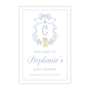 PRINTABLE 24x36 Baby Shower Welcome Sign | Boy Golden Retriever Shower Decor | Editable Corjl Template | Blue Design | 118