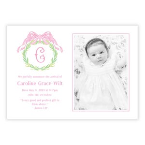 DRUCKBARE Baby Mädchen Geburtsanzeige | Bearbeitbare Corjl-Vorlage | Neugeborenen Foto Karte | Digitaler Download | "Design ""Rosa Schleife Kranz""."