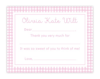 Printable Thank You Note Cards, Pink Gingham Note Cards, Personalized Note Cards for Girls, Note Cards for Kids, Thank You Notes for Kids