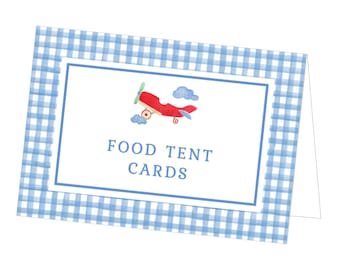 Tarjetas imprimibles para comida de cumpleaños con temática de aviones / Etiquetas editables para fiestas de aviones rojos y azules / Decoración de mesa para el primer cumpleaños / Plantilla Corjl