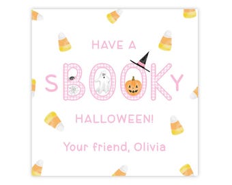 May include: A square card featuring the text HAVE A SPOOKY HALLOWEEN! Your friend, Olivia. The word SPOOKY is written in large pink gingham letters decorated with a spider, a ghost, a pumpkin wearing a witch hat, and scattered candy corn.