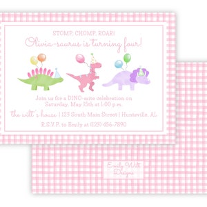 May include: Pink and white gingham patterned invitation with a dinosaur theme. The text reads "STOMP, CHOMP, ROAR! Olivia-saurus is turning four!" and includes details for a dinosaur-themed birthday party.