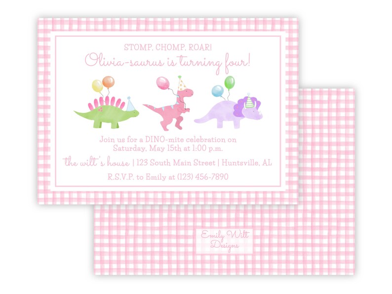 May include: Pink and white gingham patterned invitation with a dinosaur theme. The text reads "STOMP, CHOMP, ROAR! Olivia-saurus is turning four!" and includes details for a dinosaur-themed birthday party.