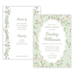 Faire-part de douche nuptiale à imprimer | Modèle Corjl modifiable | Chinoiseries printanières vertes | Faire-part de demoiselle d'honneur ou de mariée