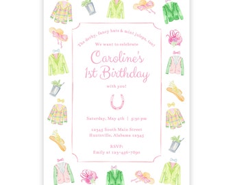 Invitation de fête d'anniversaire derby imprimable, invitation de fête d'anniversaire de cheval, invitation de premier anniversaire de fille, modèle d'invitation de derby aquarelle