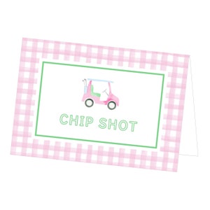 Biglietti da visita stampabili per cibo da golf / Decorazioni per compleanno a quadretti rosa / Modello Corjl modificabile / Etichette per feste di compleanno Hole in One 102