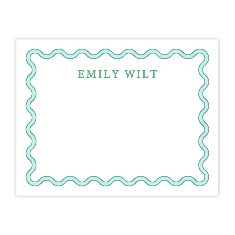 May include: A white card with a blue and green wavy border. The text "EMILY WILT" is printed in green in the center of the card.