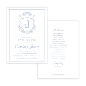 May include: Baby shower invitation with a light blue floral design and the letter "J". The invitation includes the text "Join us for a Baby Shower Honoring Courtney Jensen" and event details. A separate card lists hostesses and registry information.