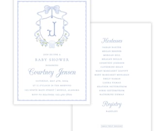 PRINTABLE Baby Shower Invitation | Blue Monogram Baby Invite | Editable Corjl Template | Crest Baby Shower | "Blue Heirloom Baby Crest"