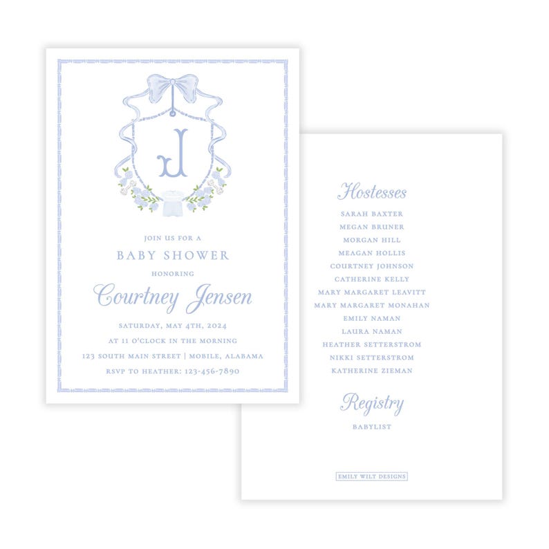 May include: Baby shower invitation with a light blue floral design and the letter "J". The invitation includes the text "Join us for a Baby Shower Honoring Courtney Jensen" and event details. A separate card lists hostesses and registry information.