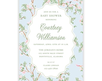 PRINTABLE Invitation Template | Blue Floral Boy Baby Shower, Bridal Shower or Rehearsal Dinner Invite | Editable Corjl | Chinoiserie | 121