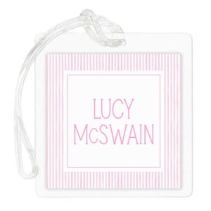 Pink Seersucker Name Tag for Girls – Custom Backpack Tag – Preppy Bag Tag with Name & Contact – Laminated School ID Tag