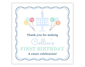 PRINTABLE Boy First Birthday Favor Tag | Editable Corjl Thank You Tag with Blue Cake & Balloons | 122