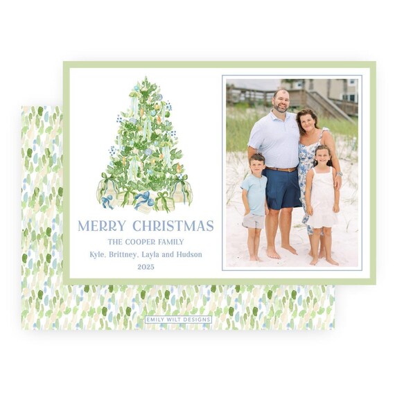 PRINTABLE Luxe Noel Christmas Card Template | Blue Green Beach Holiday Photo Card with Christmas Tree | Printing Upgrade Available | 703