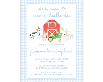 PRINTABLE Blue Farm Birthday Invitation | Barnyard Party Invite | Editable Corjl Template | Red Barn & Animals Design | Instant Download