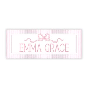 PRINTED Personalized Water-Resistant Name Labels | 60 Pack | 1x2.625" Stickers for Kids | Back to School, Daycare | Pink Bow
