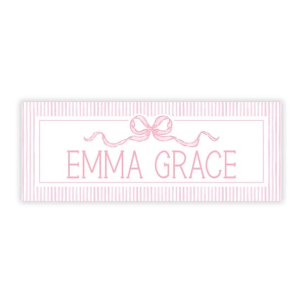 PRINTED Personalized Water-Resistant Name Labels | 60 Pack | 1x2.625" Stickers for Kids | Back to School, Daycare | Pink Bow