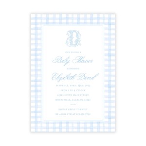 May include: A blue and white gingham baby shower invitation with a decorative letter D monogram. The invitation text reads "Join us for a Baby Shower honouring Elizabeth Diard, Saturday, April 23rd, 2023 from 1 to 4 o'clock, 12345 South Main Street, Huntsville, Alabama 12345. Kindly reply to Emily by April 9th at 123.456.7890."