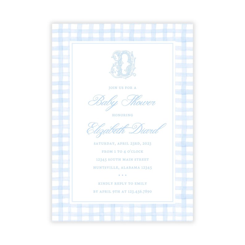 May include: A blue and white gingham baby shower invitation with a decorative letter D monogram. The invitation text reads "Join us for a Baby Shower honouring Elizabeth Diard, Saturday, April 23rd, 2023 from 1 to 4 o'clock, 12345 South Main Street, Huntsville, Alabama 12345. Kindly reply to Emily by April 9th at 123.456.7890."