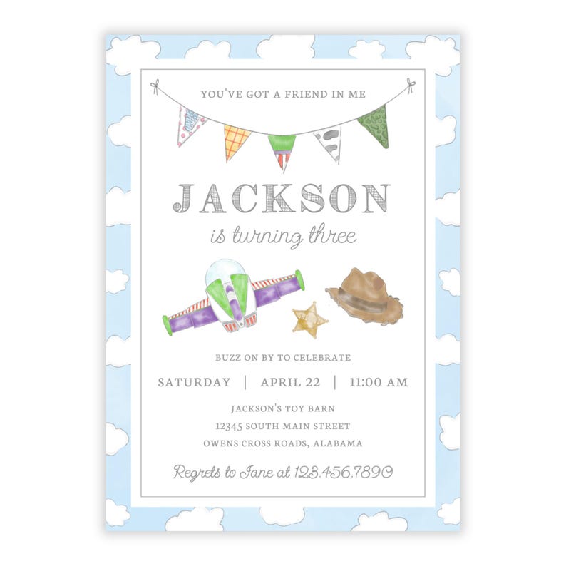 Invitación de cumpleaños imprimible de Toy Friends / Tema de fiesta de juguetes vaqueros / Plantilla editable de Corjl / Invitación de cumpleaños de juguetes / Fiesta de Toy Friends / 124 imagen 1